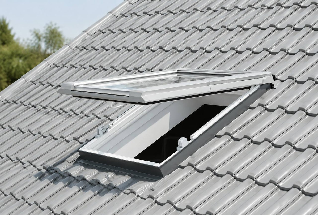 Klapp-Schwing-Fenster mit weit nach außen geöffnetem Flügel
