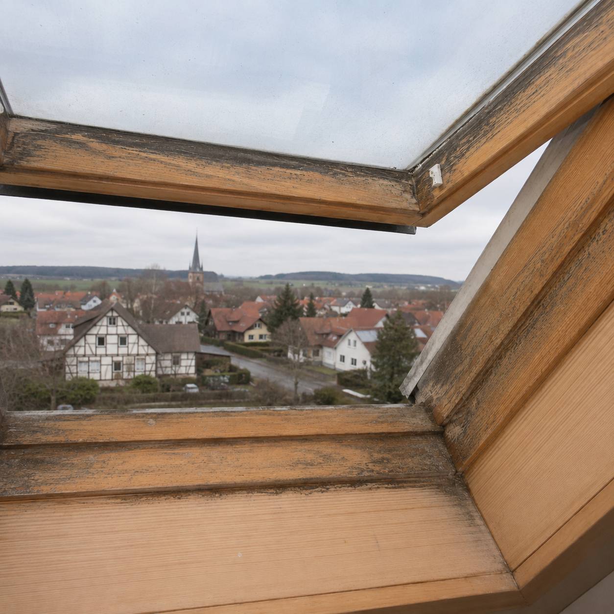 Altes verwittertes Dachfenster als mögliches Risiko für das Raumklima