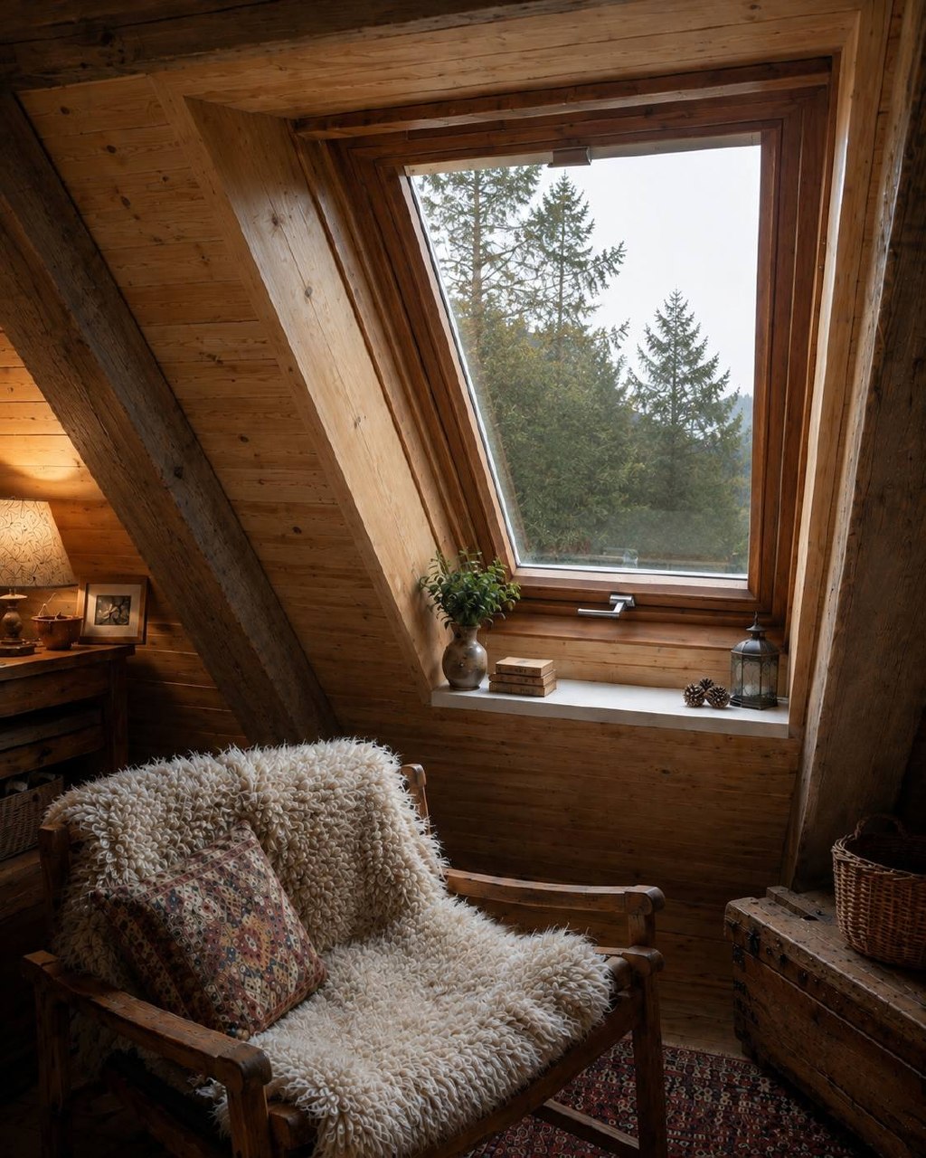 Wohnliche Innenansicht eines Dachfensters in Holzoptik